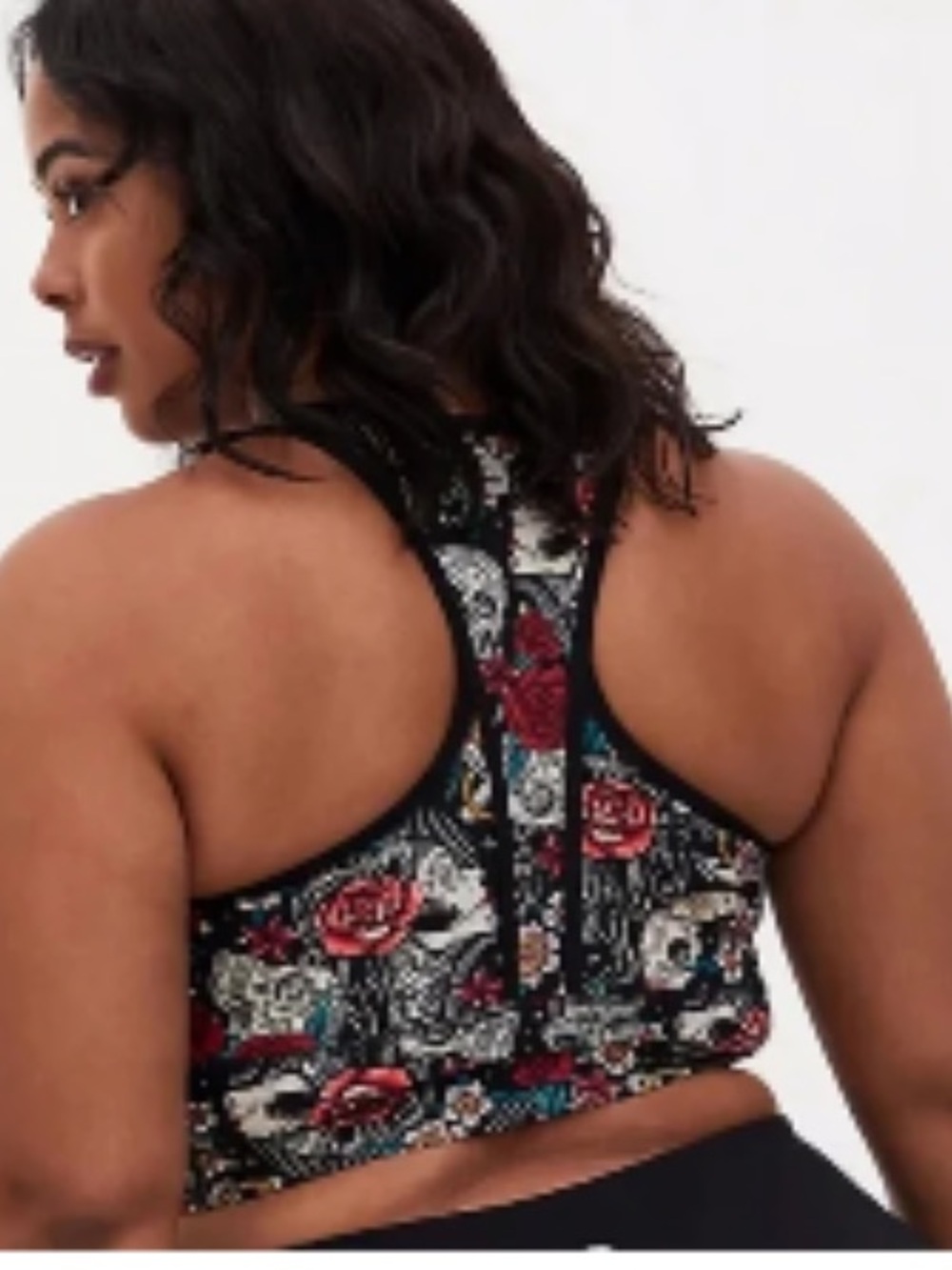 Floral Racerback Sports Bra — Black with Multicolor Rose Print - Picture 2 of 6